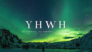 YHWH Divine Name Over Snowy Mountains and Green Aurora Borealis Night Sky HD wallpaper