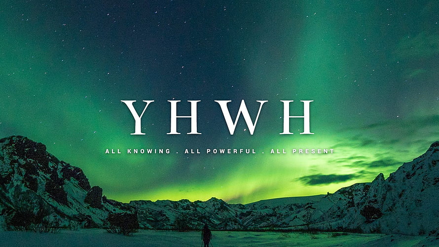 YHWH Divine Name Over Snowy Mountains and Green Aurora Borealis Night Sky HD wallpaper