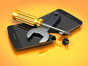 3D Render of Smartphone Repair Tools with Wrench and Screwdriver on Orange Background HD wallpaper