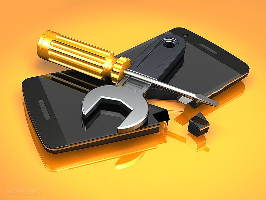 3D Render of Smartphone Repair Tools with Wrench and Screwdriver on Orange Background HD wallpaper