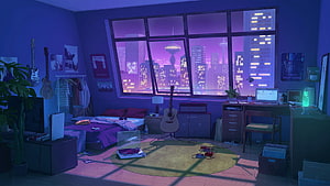 Cozy Bedroom Interior at Night with City Skyline View and Musical Instruments HD wallpaper