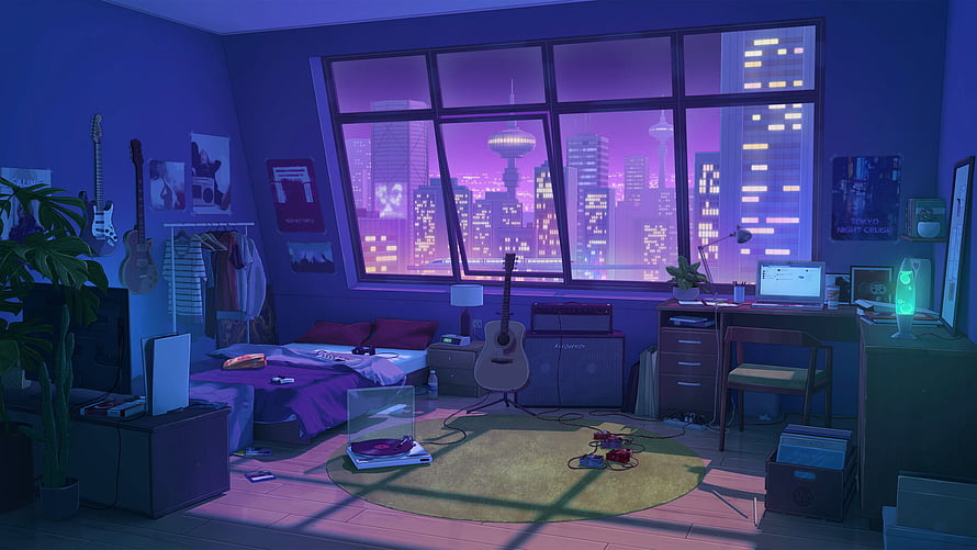 Cozy Bedroom Interior at Night with City Skyline View and Musical Instruments HD wallpaper