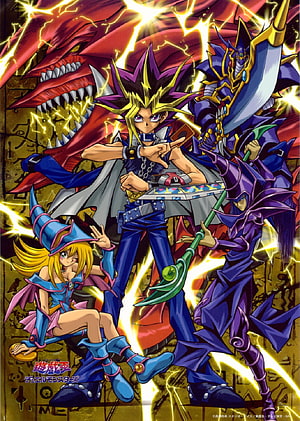 Yu-Gi-Oh! Yami Yugi, Dark Magician, and Dark Magician Girl with Osiris the Sky Dragon HD phone wallpaper