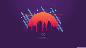 GTA V Roleplay Logo with Neon City Skyline and Retro Sunset Design HD wallpaper