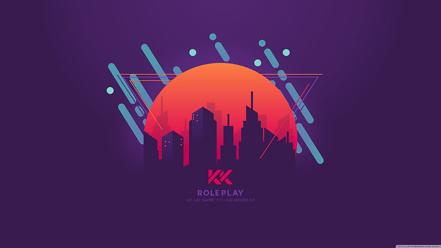 GTA V Roleplay Logo with Neon City Skyline and Retro Sunset Design HD wallpaper