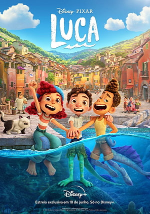Luca Disney Pixar Movie Poster Featuring Three Friends and a Cat in a Coastal Italian Town HD phone wallpaper