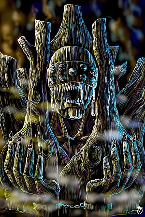 Gedo Mazo and Akatsuki digital art featuring a skeletal warrior with glowing neon outlines and raised hands HD phone wallpaper