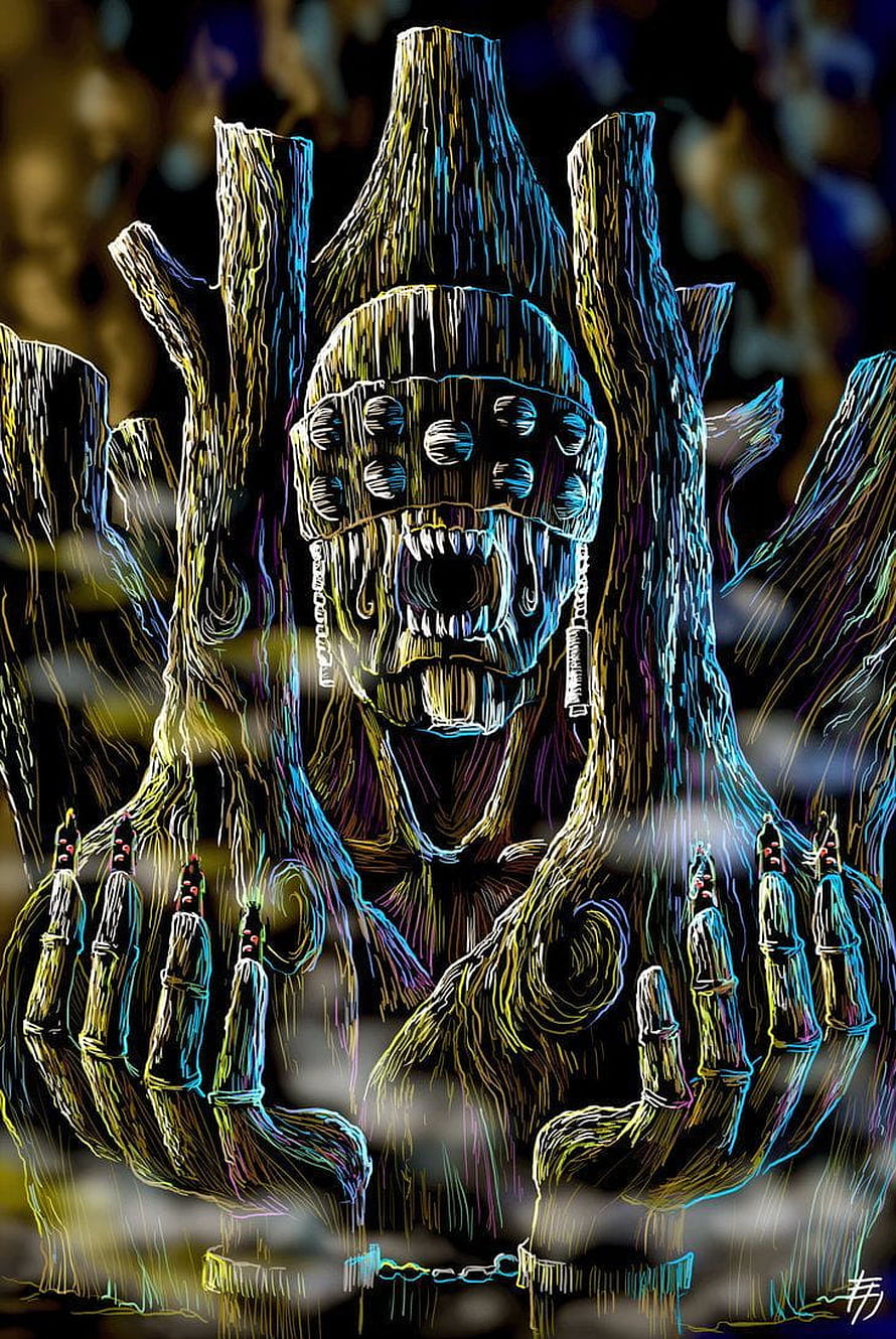 Gedo Mazo and Akatsuki digital art featuring a skeletal warrior with glowing neon outlines and raised hands HD phone wallpaper