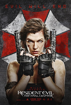 Milla Jovovich as Alice in Resident Evil The Final Chapter movie poster with dual pistols and Umbrella Corporation logo HD phone wallpaper