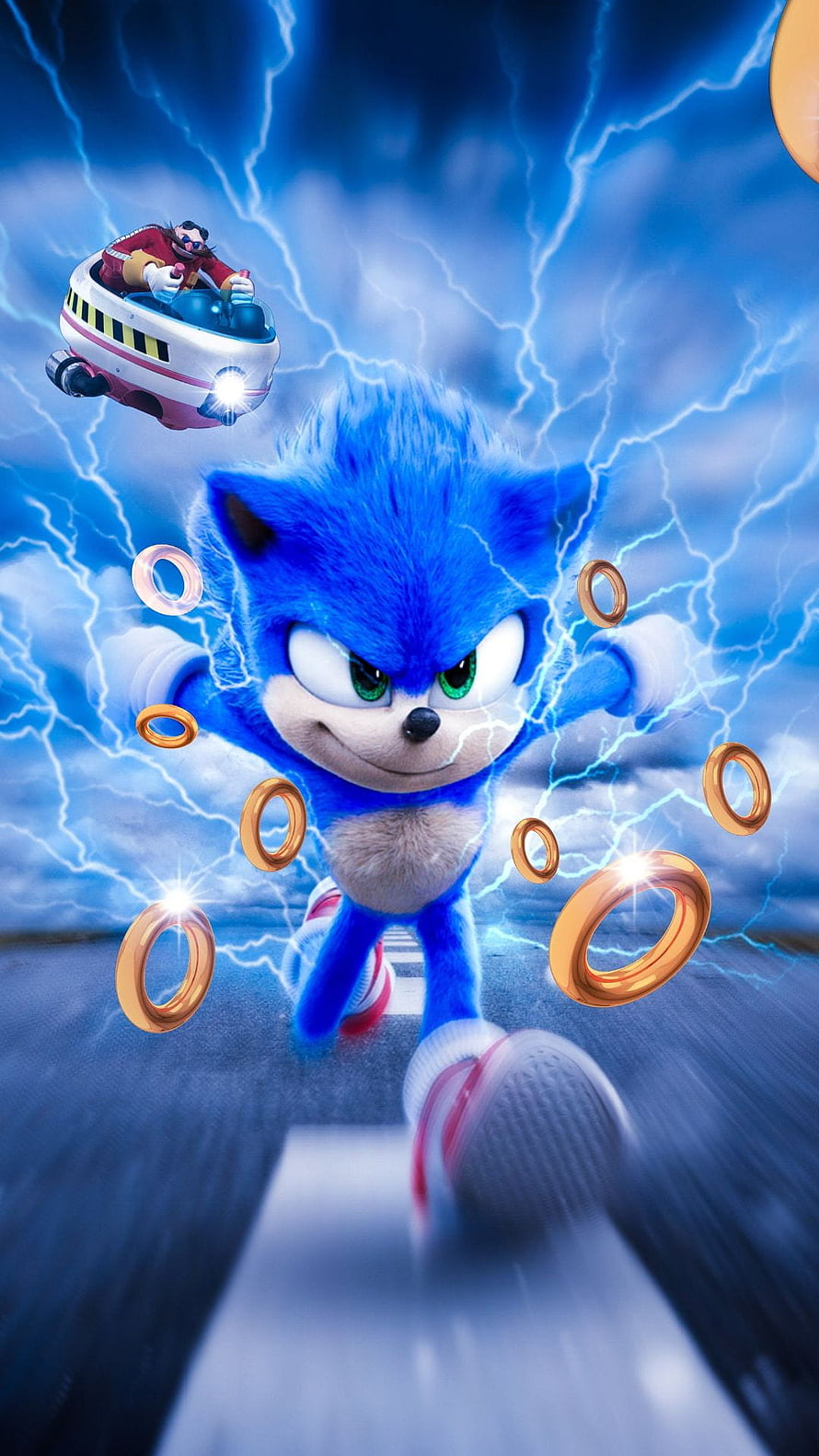 Sonic The Hedgehog Sprinting Through Lightning Storm With Dr. Eggman In Pursuit HD phone wallpaper