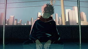 Yuji Itadori from Jujutsu Kaisen Sitting on a Train with a City Skyline in the Background HD wallpaper