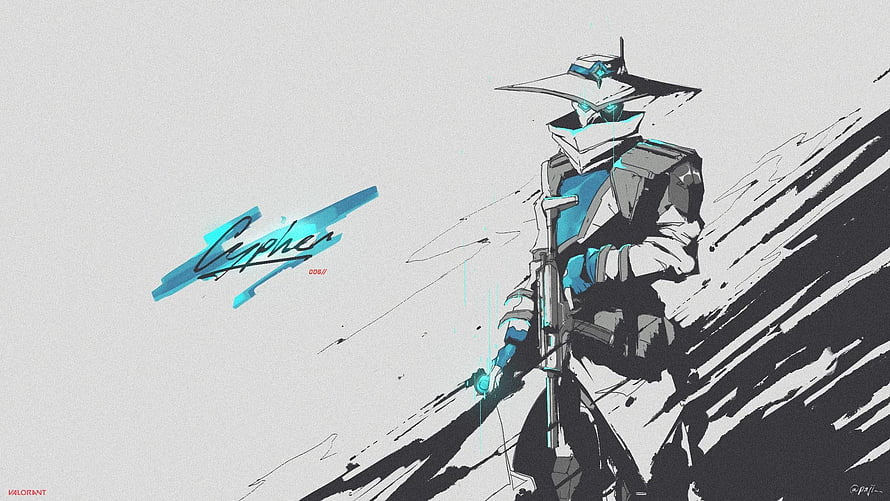 Cypher Valorant Agent Stylized Digital Artwork with Cyan Accents and Brushstroke Background HD wallpaper