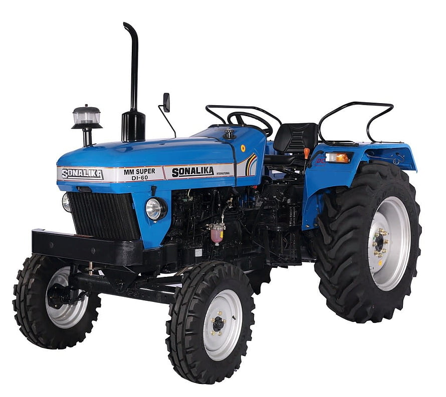 Blue Sonalika MM Super Di-60 Tractor with Large Tires and Black Exhaust HD wallpaper