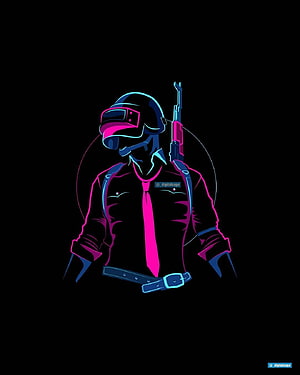 Neon PUBG Soldier Portrait with Tactical Gear and Rifle in Cyberpunk Style HD phone wallpaper