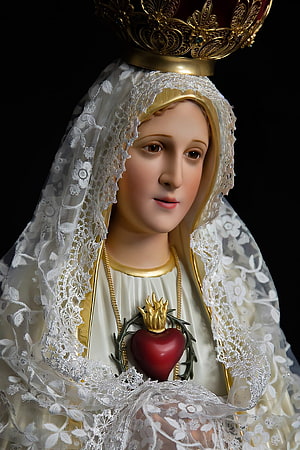 Crowned Virgin Mary Statue with Sacred Heart and White Lace Veil HD phone wallpaper
