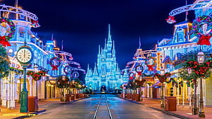 Disneyland Main Street Christmas Night with Cinderella Castle Illumination HD wallpaper
