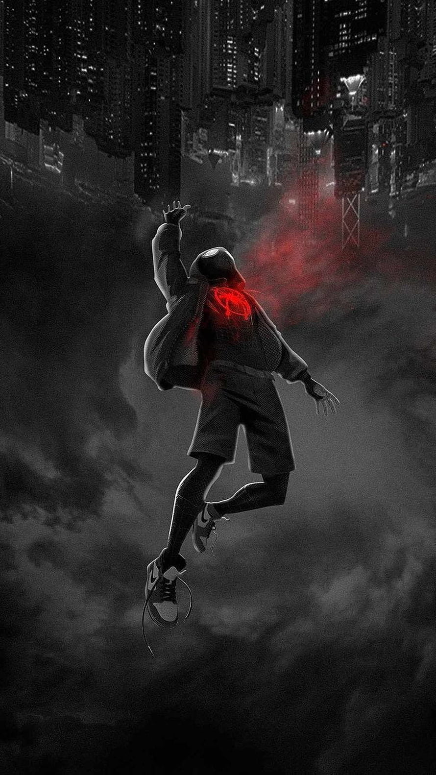 Spider-Man Nike Concept Art: Falling Through Dark City Clouds with Red Glow HD phone wallpaper