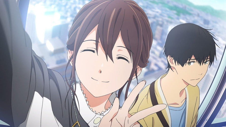Sakura Yamauchi and Yuki Yuno smiling together in a bright cityscape from I Want to Eat Your Pancreas HD wallpaper
