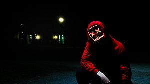 Man in Red Hoodie Wearing Glowing LED Mask at Night, Man , LED mask, Dope, Night, Anonymous, Hoodie, Dark, graphy, #man HD wallpaper