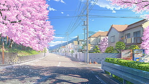 Anime Japanese Suburb Street Lined With Blooming Cherry Blossoms Under Blue Sky HD wallpaper