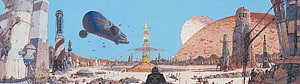 Retro Sci-Fi Space Station Concept Art with Flying Saucer and Distant Planet HD wallpaper