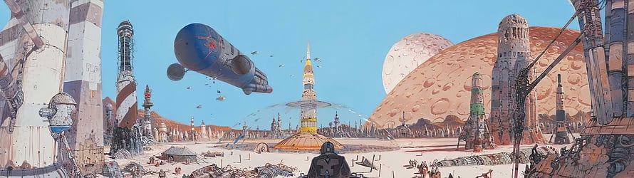 Retro Sci-Fi Space Station Concept Art with Flying Saucer and Distant Planet HD wallpaper