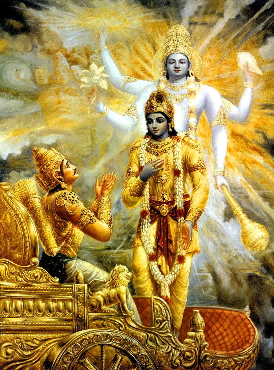 Lord Krishna and Arjuna on the Divine Chariot in the Bhagavad Gita HD phone wallpaper