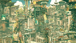 Dense Solarpunk Cityscape with Layered Architecture and Vibrant Green Tones HD wallpaper