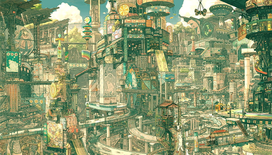 Dense Solarpunk Cityscape with Layered Architecture and Vibrant Green Tones HD wallpaper