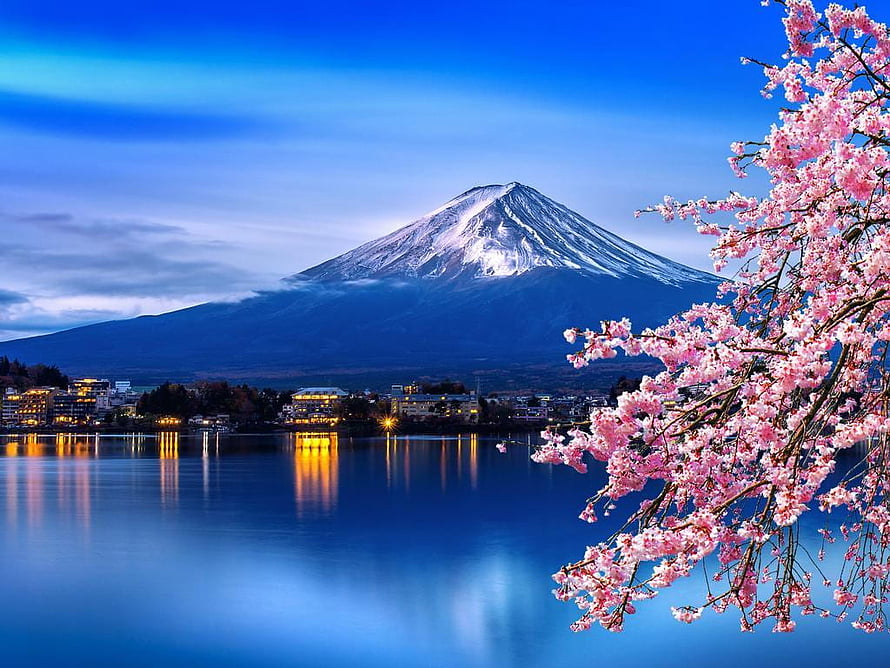 Mount Fuji Snow-Capped Peak Reflected in Lake with Cherry Blossoms at Dusk HD wallpaper