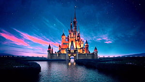Disney Castle at Night with Starry Sky and Water Reflection HD wallpaper