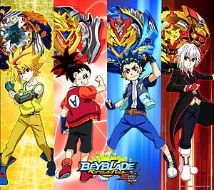 Beyblade Burst Turbo Anime Character Lineup With Spinning Top Weapons HD wallpaper