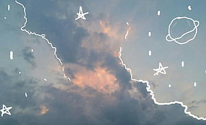 Whimsical Cloud Sky With Hand-Drawn Stars And Planet Doodle Overlay HD wallpaper