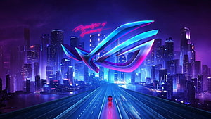 ASUS ROG Republic of Gamers Neon Logo Over Futuristic Cyberpunk City Highway HD wallpaper