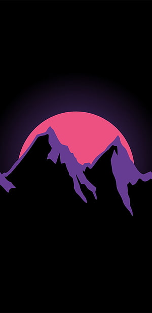 Minimalist Pink Sun and Purple Mountain Silhouette on Black AMOLED Background HD phone wallpaper