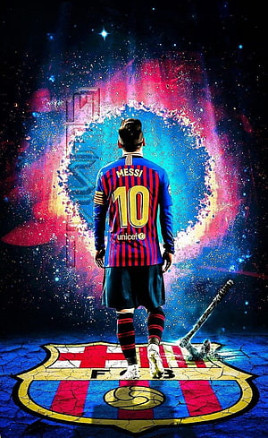 Lionel Messi in FC Barcelona Kit Standing on Club Crest with Cosmic Background HD phone wallpaper