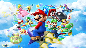 Super Mario Bros key art featuring Mario, Luigi, Peach, and Bowser in a vibrant sky adventure HD wallpaper