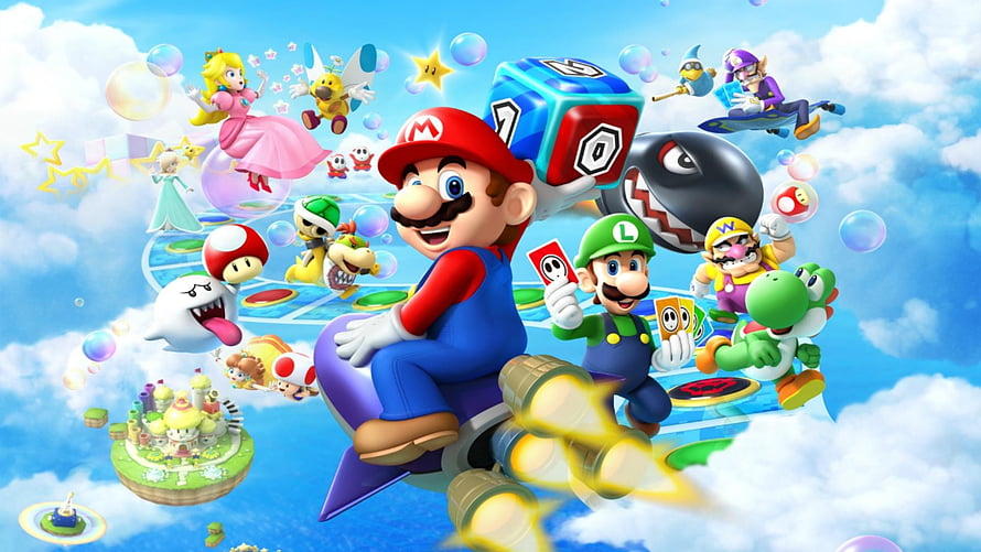 Super Mario Bros key art featuring Mario, Luigi, Peach, and Bowser in a vibrant sky adventure HD wallpaper