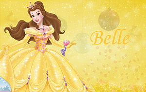 Belle from Beauty and the Beast in her iconic yellow ballgown with sparkling ornaments and a soft golden background HD wallpaper