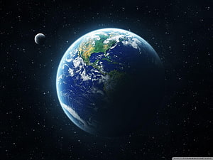 Earth and Moon Viewed From Deep Space with Starfield Background HD wallpaper
