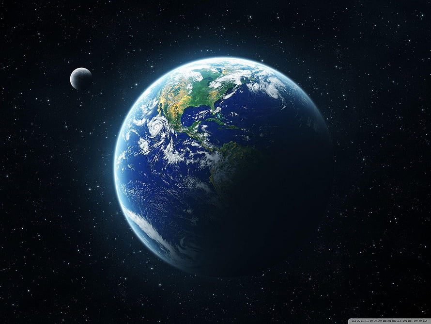 Earth and Moon Viewed From Deep Space with Starfield Background HD wallpaper