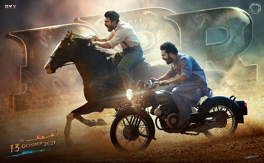 RRR Movie Poster Featuring Ram Charan on Horse and Motorcycle in Dusty Action Scene HD wallpaper