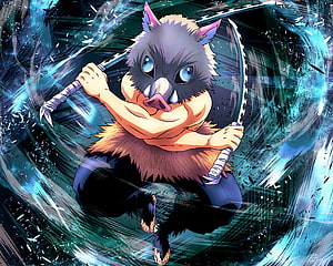 Inosuke Hashibira from Demon Slayer Wielding Dual Blades in Dynamic Combat Pose HD wallpaper
