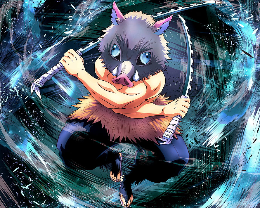 Inosuke Hashibira from Demon Slayer Wielding Dual Blades in Dynamic Combat Pose HD wallpaper