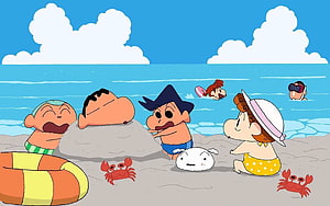 Crayon Shin-chan Characters Enjoying a Sunny Day at the Beach with Crabs and Ocean Waves HD wallpaper
