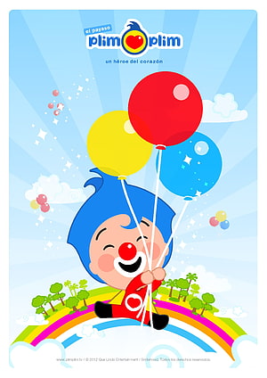 Plim Plim Cartoon Clown Sitting on Rainbow Holding Colorful Balloons HD phone wallpaper