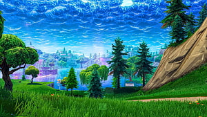 Fortnite Loot Lake Scenic View With Lush Green Grass And Pine Trees HD wallpaper