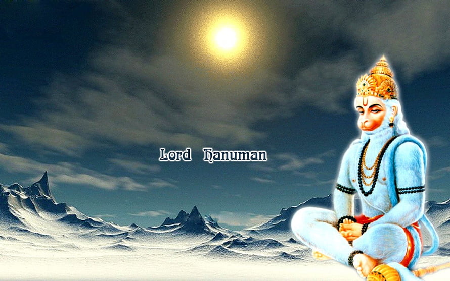 Lord Hanuman Meditating in Snowy Mountains Under a Bright Moon HD wallpaper