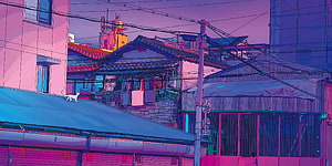 Neon Pink Japanese Cityscape with Cat on Rooftop in Anime Style HD wallpaper