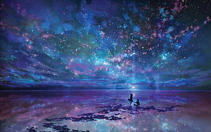 Couple Silhouetted on a Reflective Shore Beneath a Vibrant Cosmic Starry Sky HD wallpaper